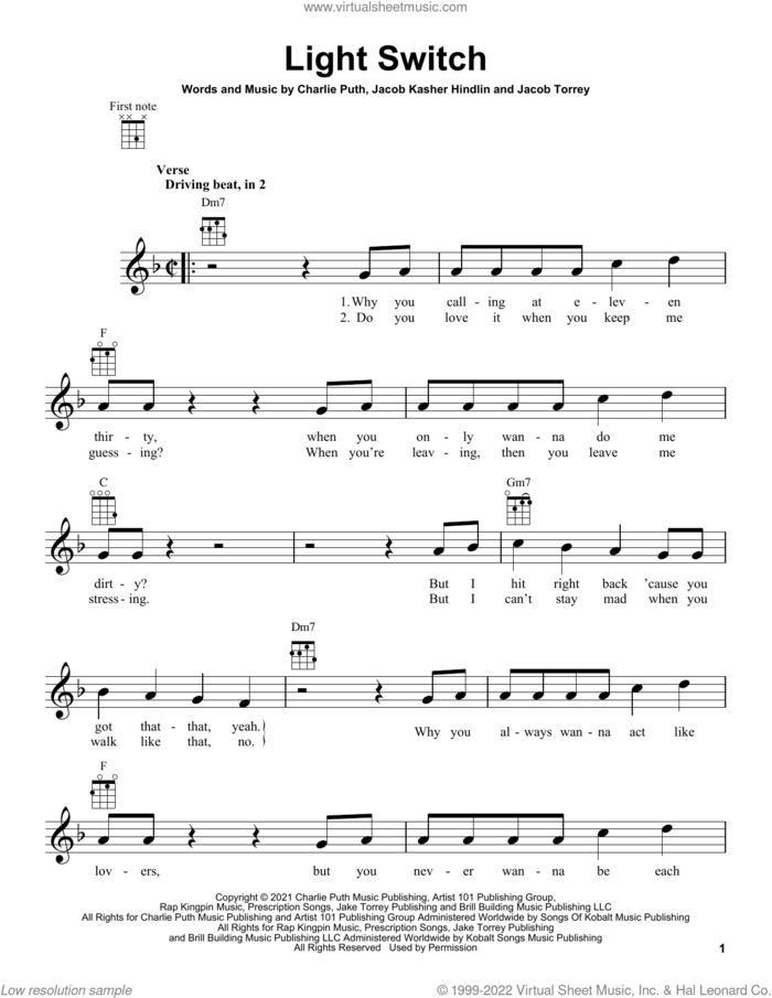 Light Switch sheet music for ukulele by Charlie Puth, Jacob Kasher Hindlin and Jacob Torrey, intermediate skill level