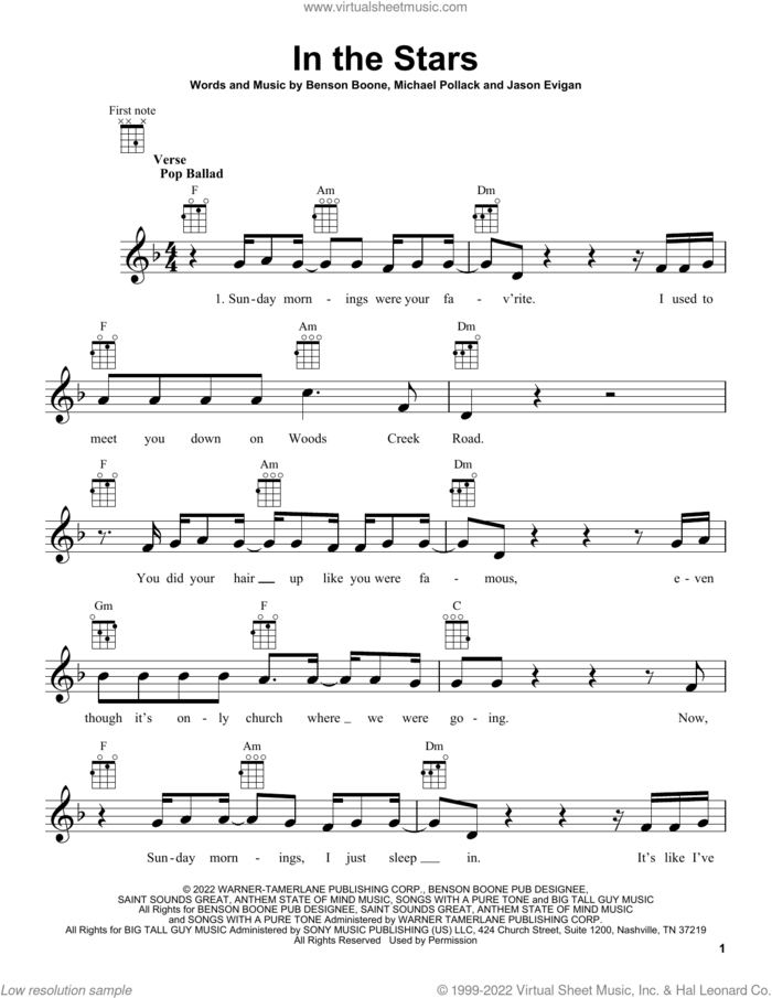 In The Stars sheet music for ukulele by Benson Boone, Jason Evigan and Michael Pollack, intermediate skill level