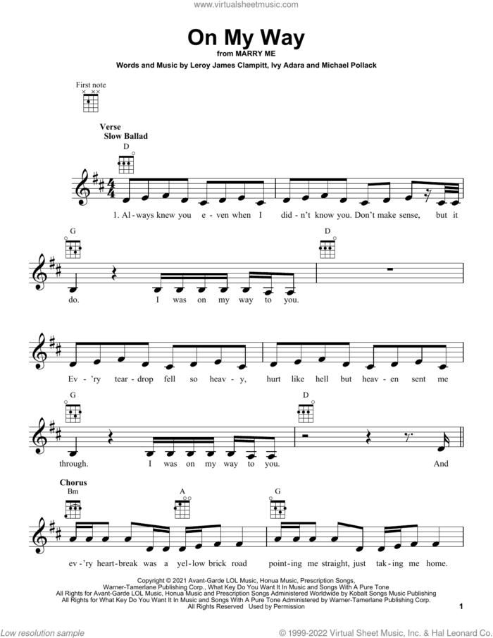 On My Way (from Marry Me) sheet music for ukulele by Jennifer Lopez, Ivy Adara, Leroy James Clampitt and Michael Pollack, intermediate skill level