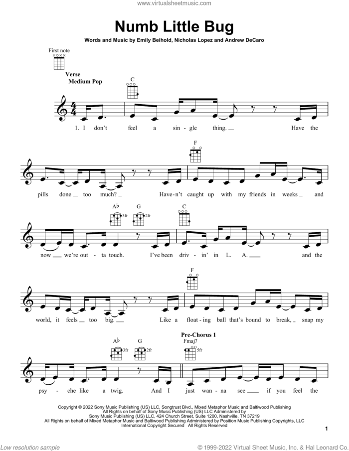 Numb Little Bug sheet music for ukulele by Em Beihold, Andrew DeCaro, Emily Beihold and Nicholas Lopez, intermediate skill level