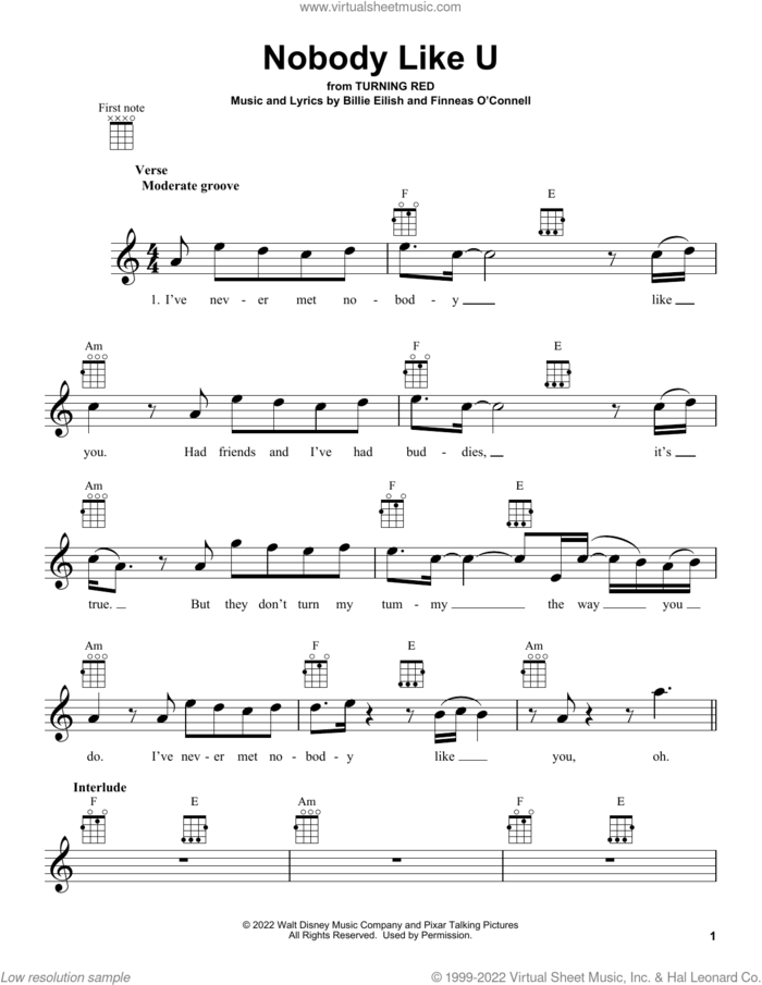 Nobody Like U (from Turning Red) sheet music for ukulele by 4*TOWN and Billie Eilish, intermediate skill level