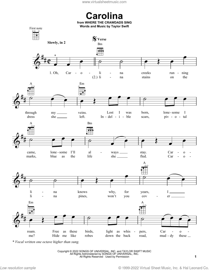 Carolina (from Where The Crawdad Sings) sheet music for ukulele by Taylor Swift, intermediate skill level