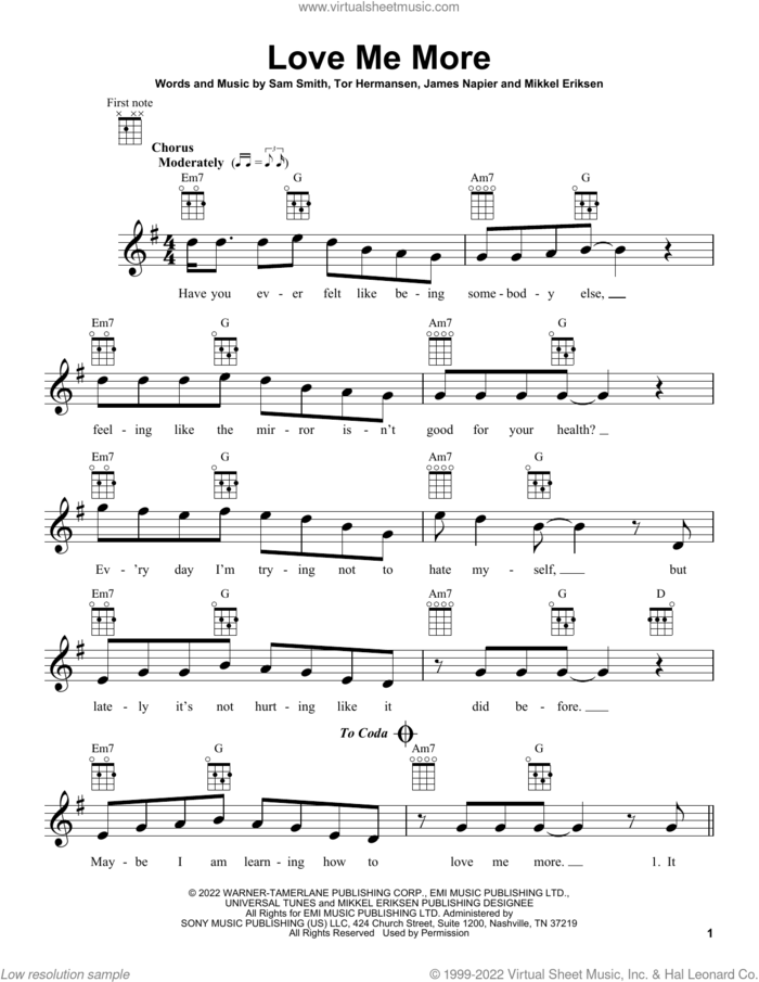 Love Me More sheet music for ukulele by Sam Smith and James Napier, intermediate skill level