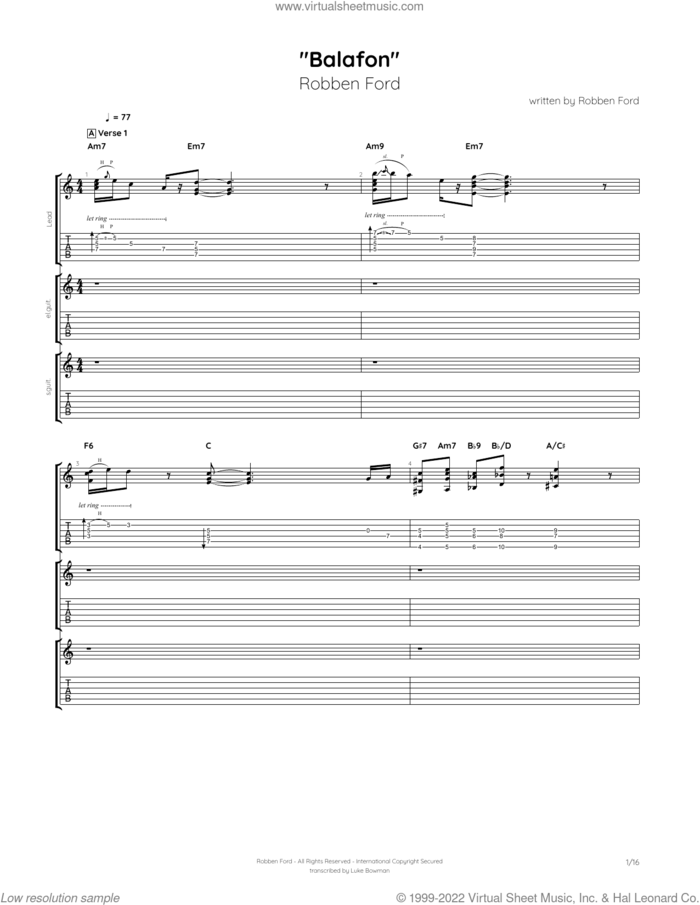 Balafon sheet music for guitar (tablature) by Robben Ford, intermediate skill level