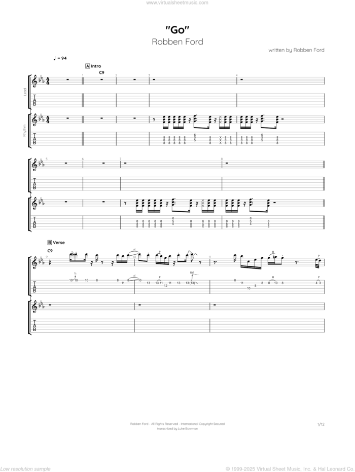 Go sheet music for guitar (tablature) by Robben Ford, intermediate skill level