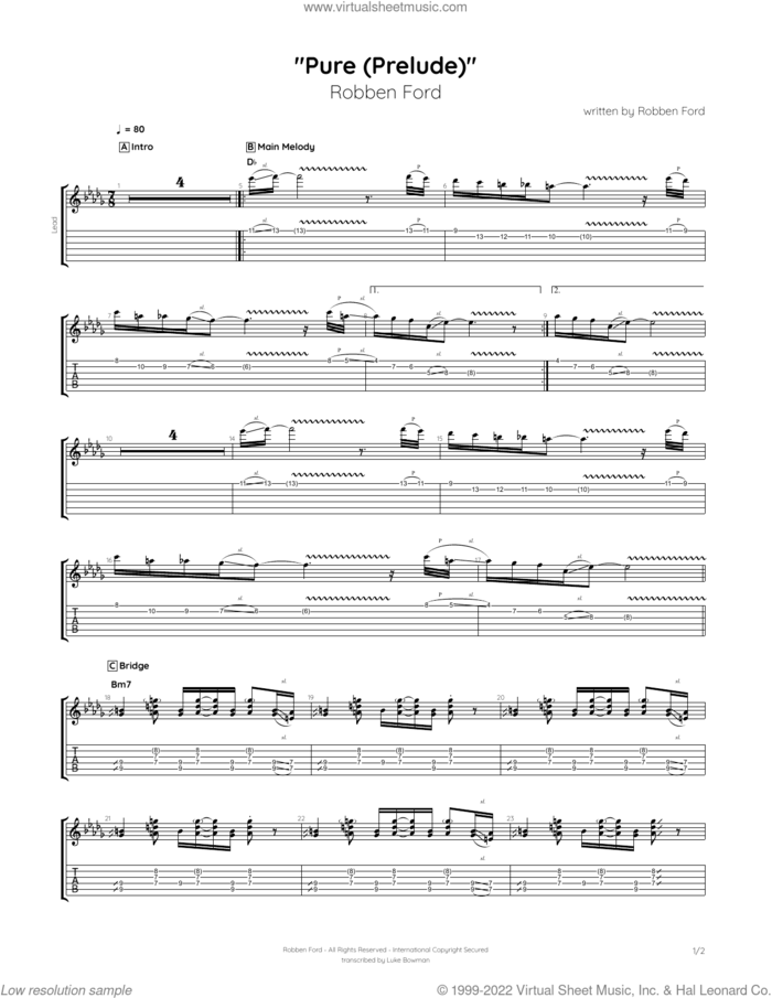 Pure (Prelude) sheet music for guitar (tablature) by Robben Ford, intermediate skill level