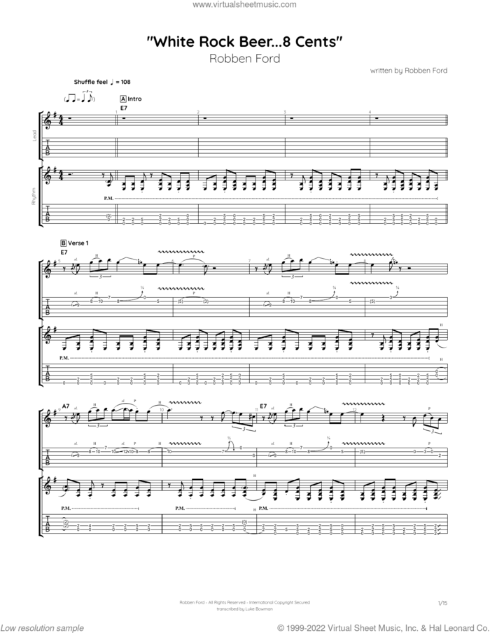 White Rock Beer...8 cents sheet music for guitar (tablature) by Robben Ford, intermediate skill level