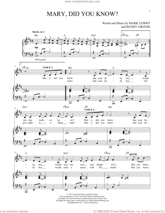 Mary, Did You Know? sheet music for two voices and piano by Buddy Greene, Kathy Mattea and Mark Lowry, intermediate skill level
