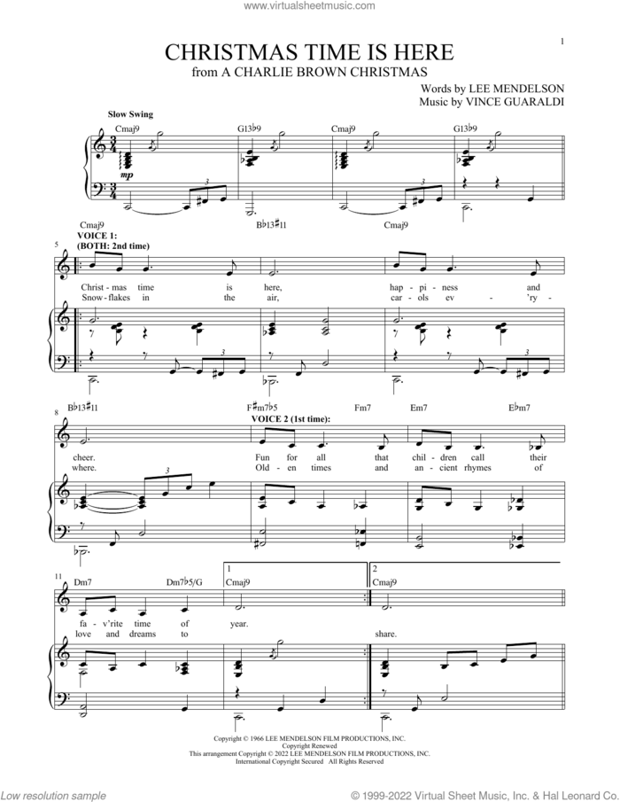 Christmas Time Is Here (from A Charlie Brown Christmas) sheet music for two voices and piano by Vince Guaraldi and Lee Mendelson, intermediate skill level