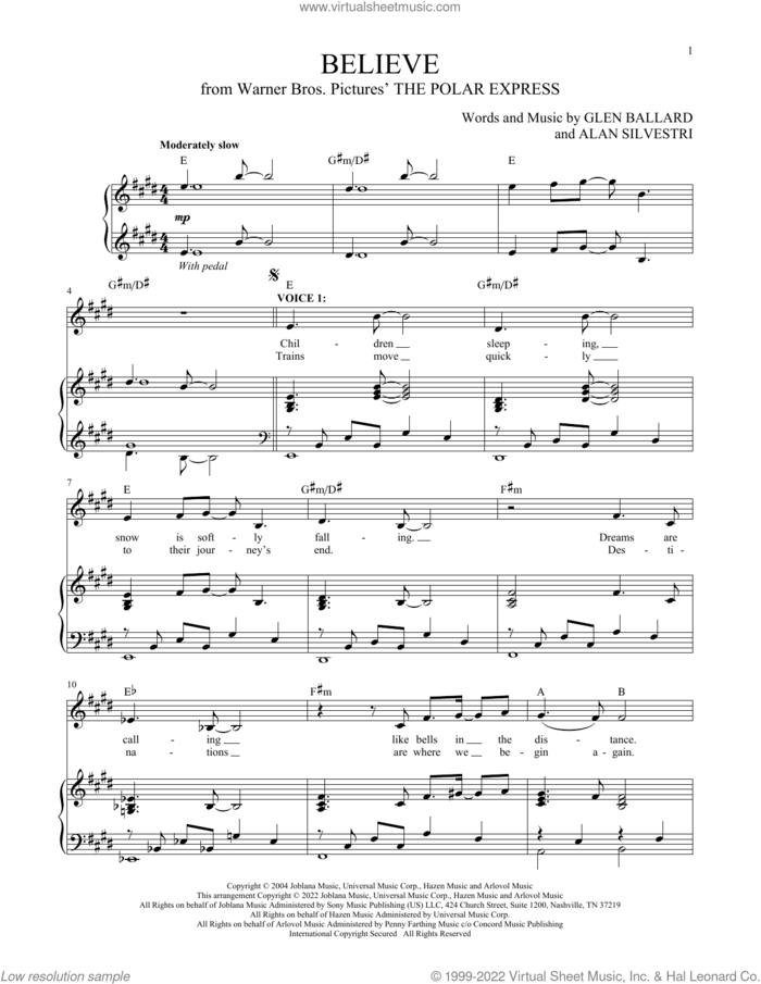 Believe (from The Polar Express) sheet music for two voices and piano by Josh Groban, Alan Silvestri and Glen Ballard, intermediate skill level