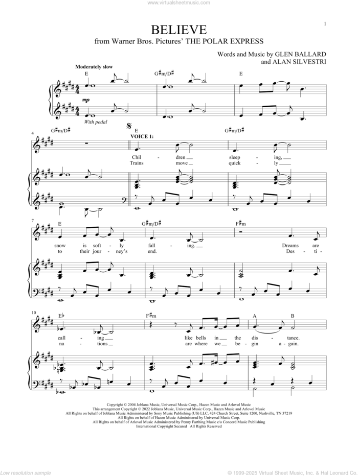 Believe (from The Polar Express) sheet music for two voices and piano by Josh Groban, Alan Silvestri and Glen Ballard, intermediate skill level