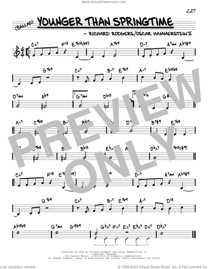 Younger Than Springtime (arr. David Hazeltine) sheet music for voice and other instruments (real book) by Richard Rodgers, David Hazeltine, Oscar II Hammerstein and Rodgers & Hammerstein, intermediate skill level