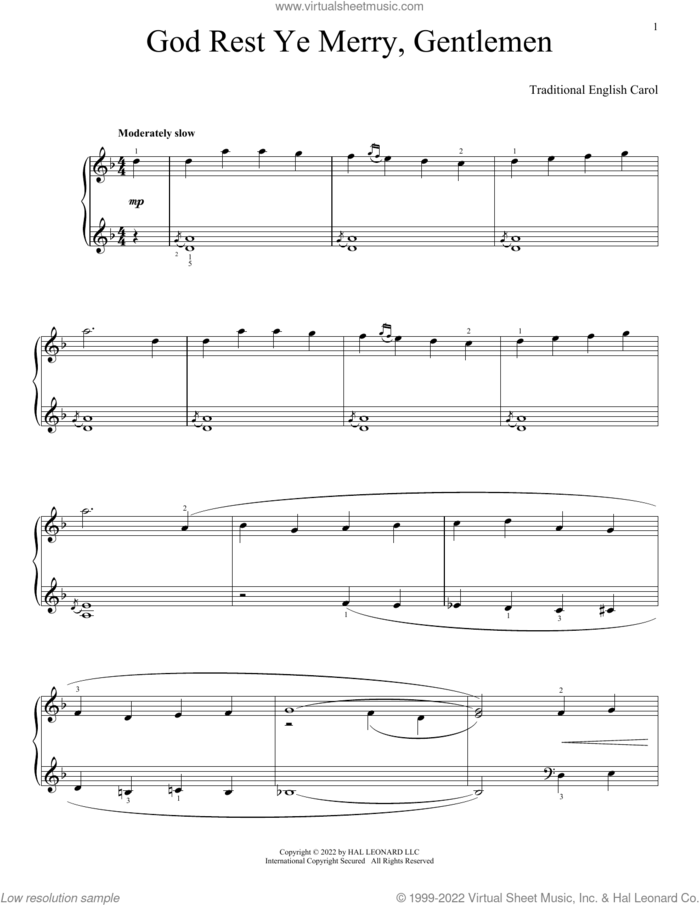 God Rest Ye Merry, Gentlemen sheet music for piano solo, intermediate skill level