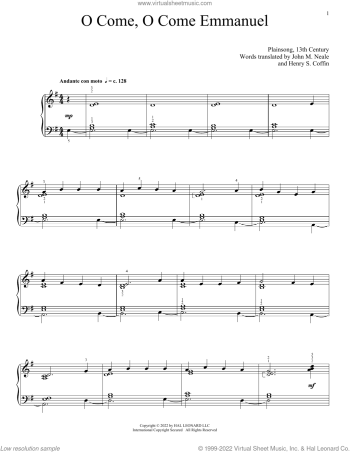 O Come, O Come Immanuel sheet music for piano solo by Plainsong, 13th Century, Henry S. Coffin (trans.) and John M. Neale (trans), intermediate skill level