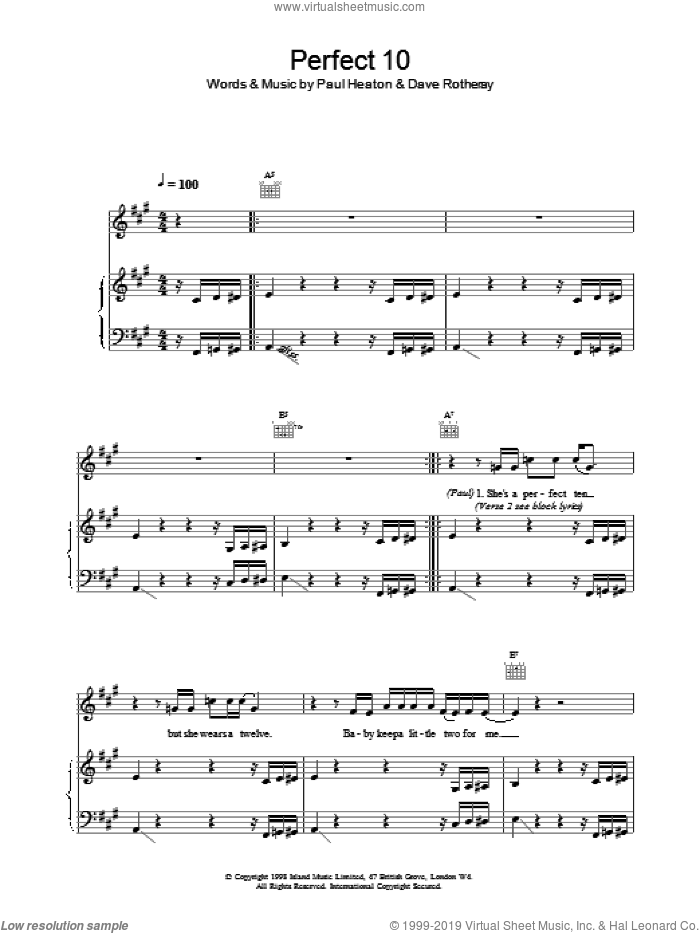 Perfect 10 sheet music for voice, piano or guitar by The Beautiful South, intermediate skill level