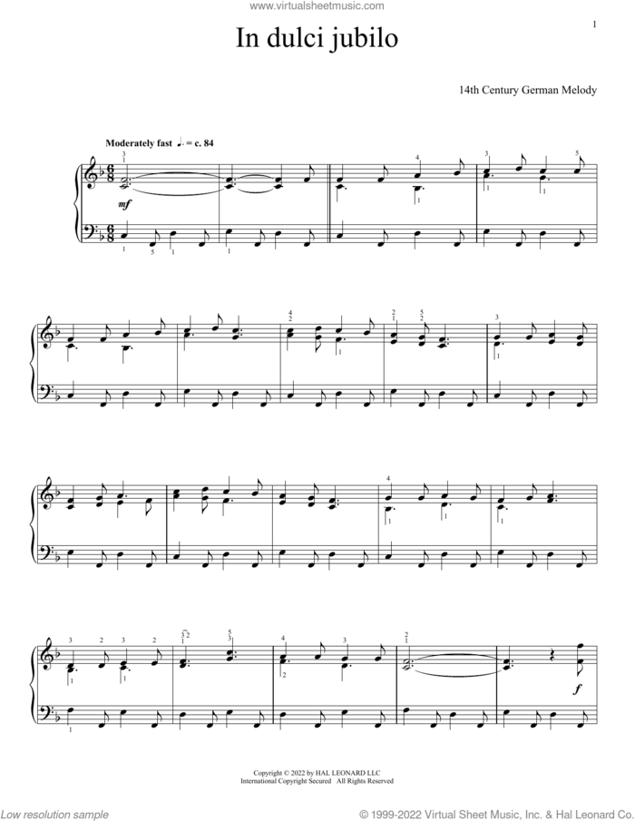 In Dulci Jubilo sheet music for piano solo by Anonymous and 14th Century German Melody, intermediate skill level