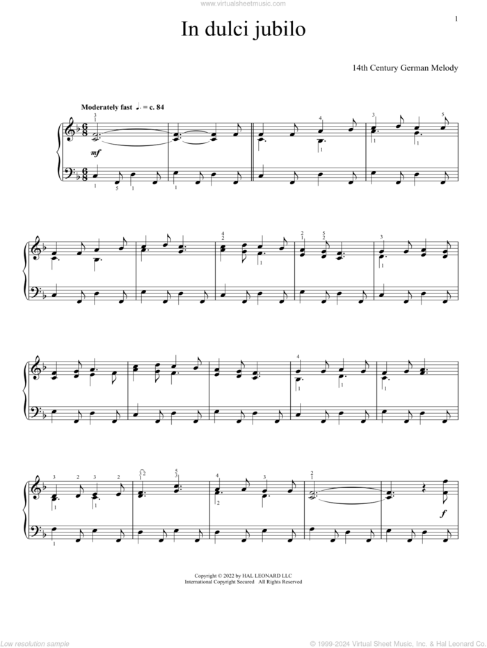 In Dulci Jubilo sheet music for piano solo by Anonymous and 14th Century German Melody, intermediate skill level