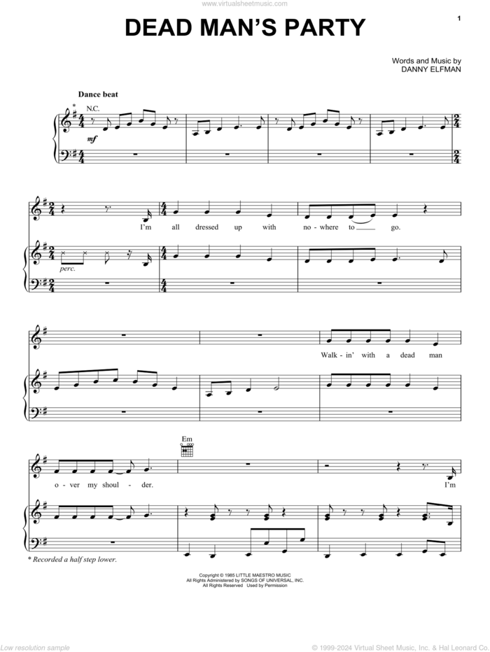Dead Man's Party sheet music for voice, piano or guitar by Oingo Boingo and Danny Elfman, intermediate skill level
