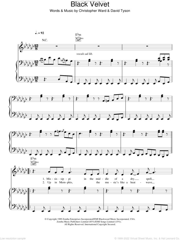 Black Velvet sheet music for voice, piano or guitar by Alannah Myles, Christopher Ward and David Tyson, intermediate skill level