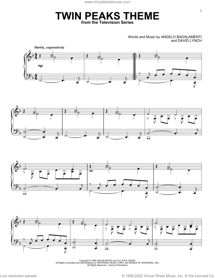 Twin Peaks Theme sheet music for piano solo by Angelo Badalamenti and David Lynch, intermediate skill level