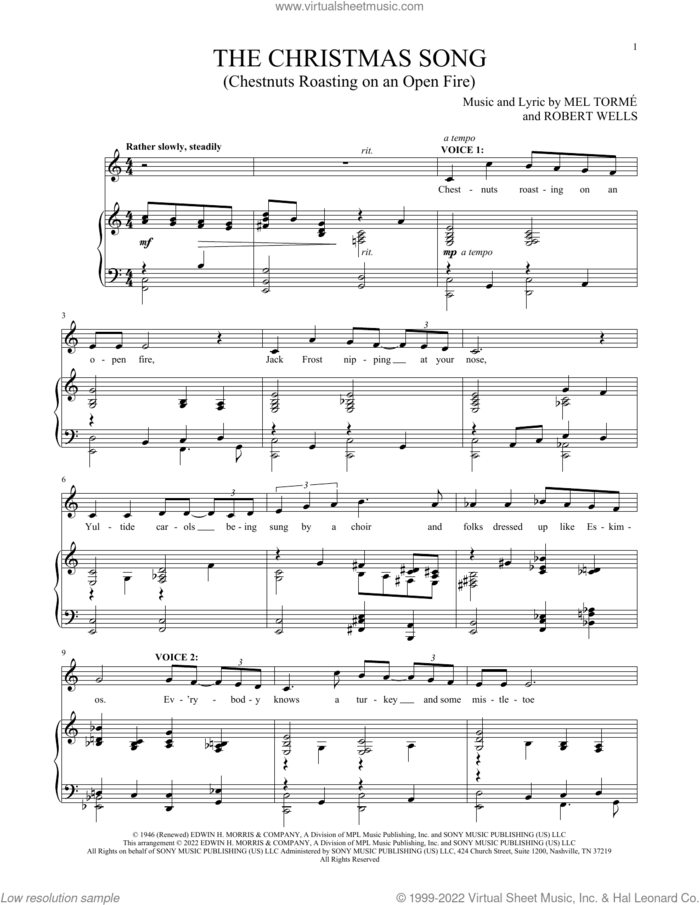 The Christmas Song (Chestnuts Roasting On An Open Fire) sheet music for two voices and piano by Mel Torme and Robert Wells, intermediate skill level