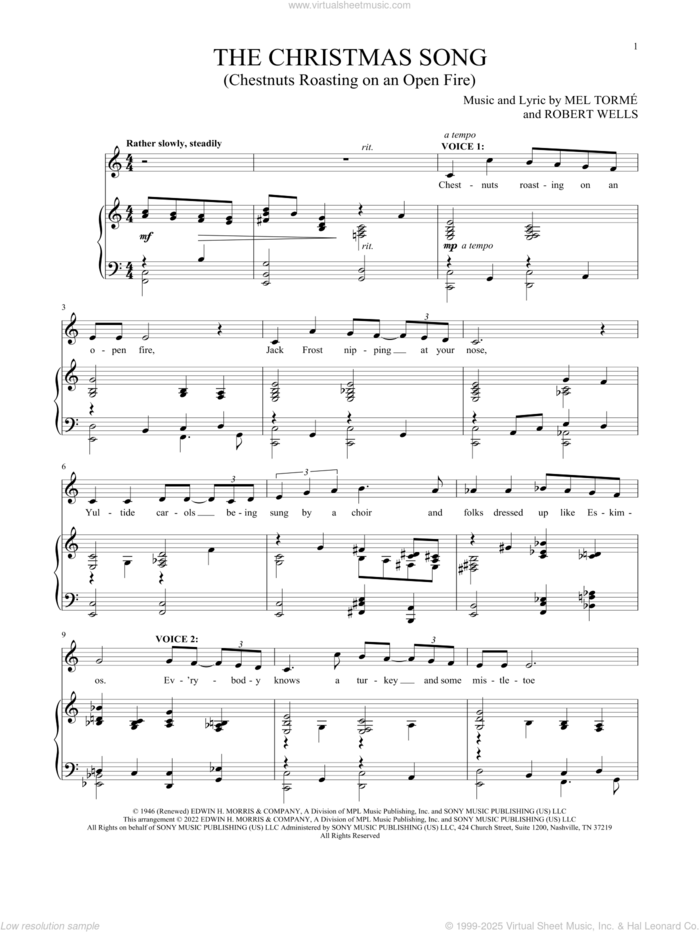 The Christmas Song (Chestnuts Roasting On An Open Fire) sheet music for two voices and piano by Mel Torme and Robert Wells, intermediate skill level