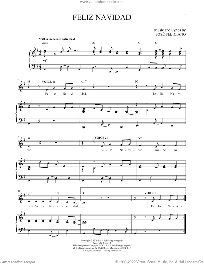 Feliz Navidad sheet music for two voices and piano by Jose Feliciano, intermediate skill level