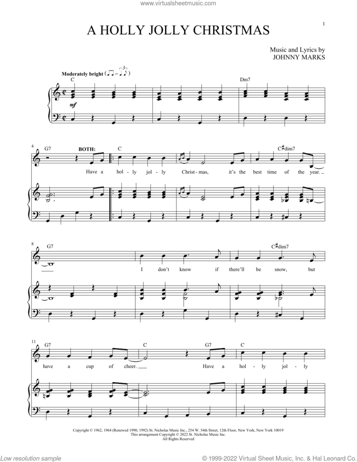 A Holly Jolly Christmas sheet music for two voices and piano by Johnny Marks, intermediate skill level