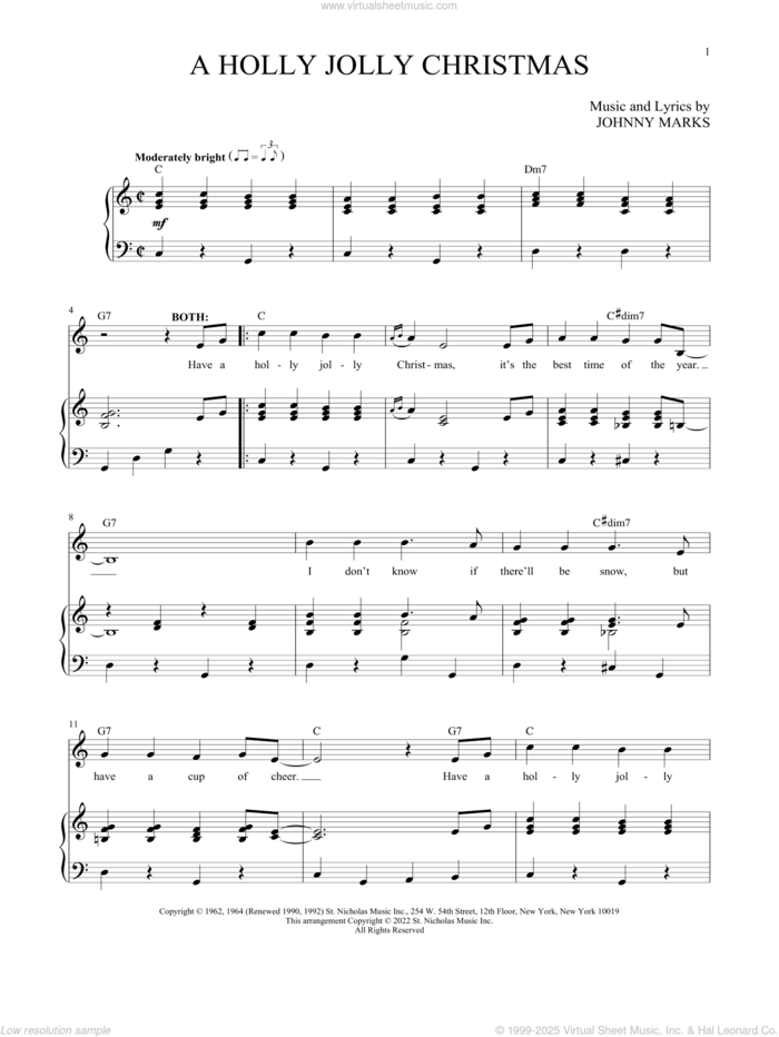 A Holly Jolly Christmas sheet music for two voices and piano by Johnny Marks, intermediate skill level