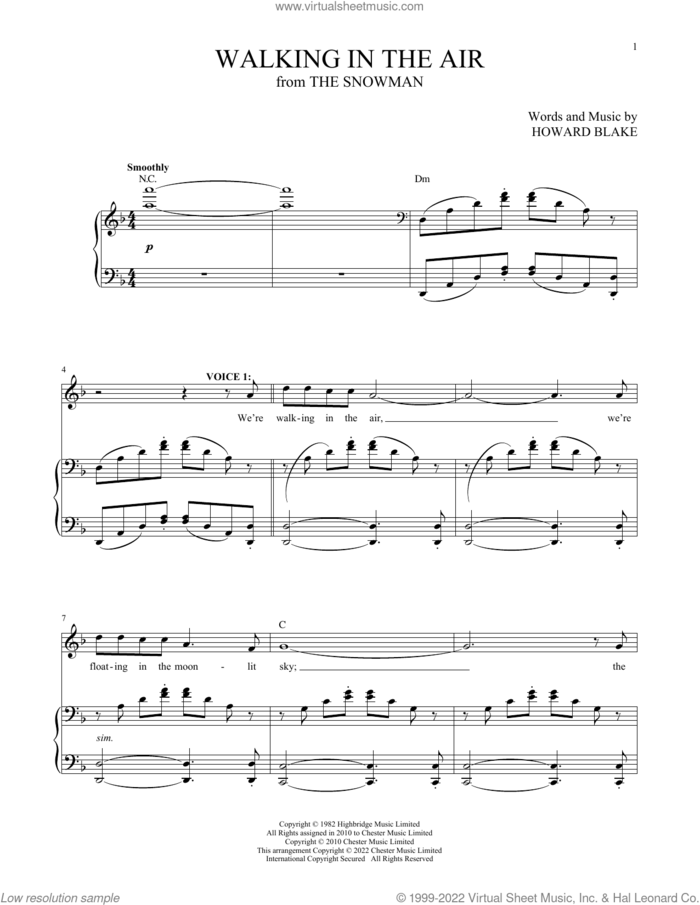 Walking In The Air (theme from The Snowman) sheet music for two voices and piano by Howard Blake, classical score, intermediate skill level