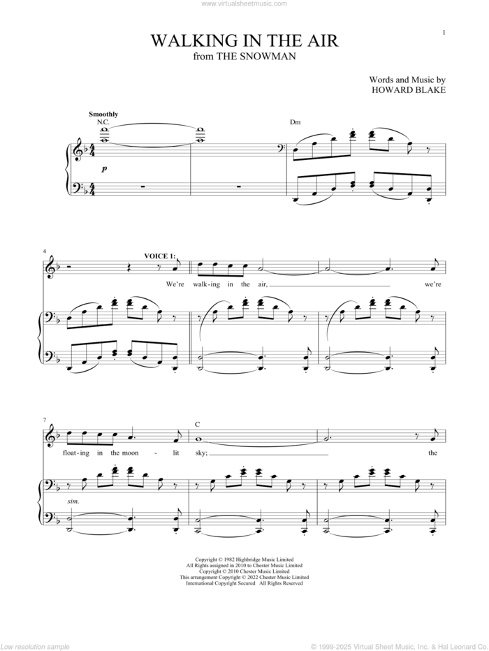 Walking In The Air (theme from The Snowman) sheet music for two voices and piano by Howard Blake, classical score, intermediate skill level