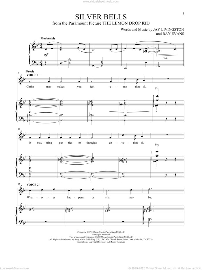 Silver Bells sheet music for two voices and piano by Jay Livingston and Ray Evans, intermediate skill level