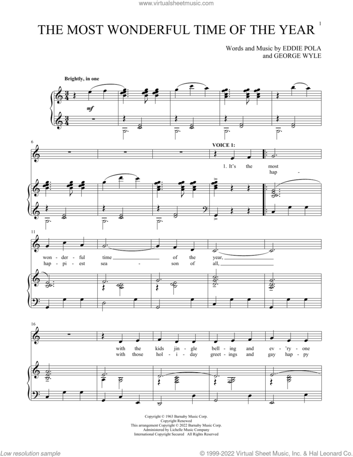 The Most Wonderful Time Of The Year sheet music for two voices and piano by Andy Williams, Eddie Pola and George Wyle, intermediate skill level