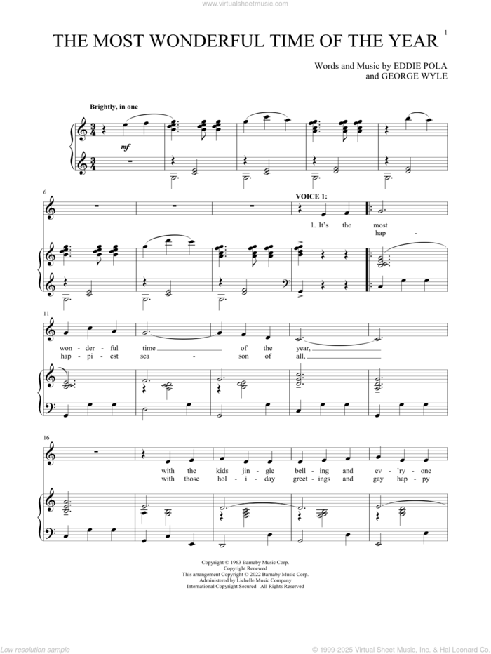 The Most Wonderful Time Of The Year sheet music for two voices and piano by Andy Williams, Eddie Pola and George Wyle, intermediate skill level