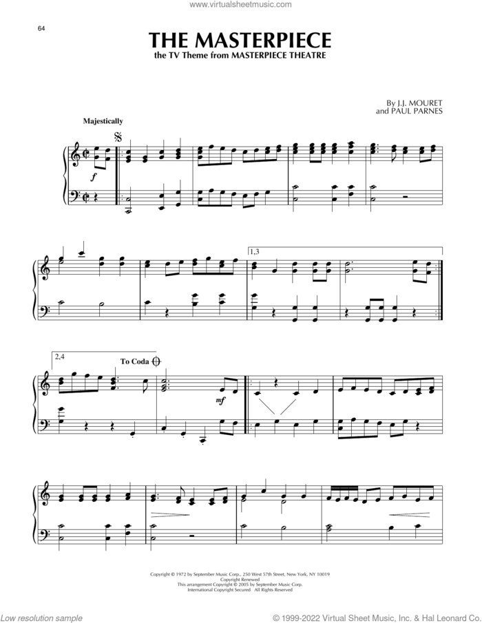 The Masterpiece (theme from Masterpiece Theatre) sheet music for piano solo by Paul Parnes and J.J. Mouret, intermediate skill level
