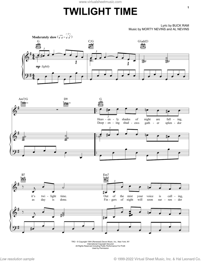 Twilight Time sheet music for voice, piano or guitar by The Platters, Al Nevins, Buck Ram and Morty Nevins, intermediate skill level