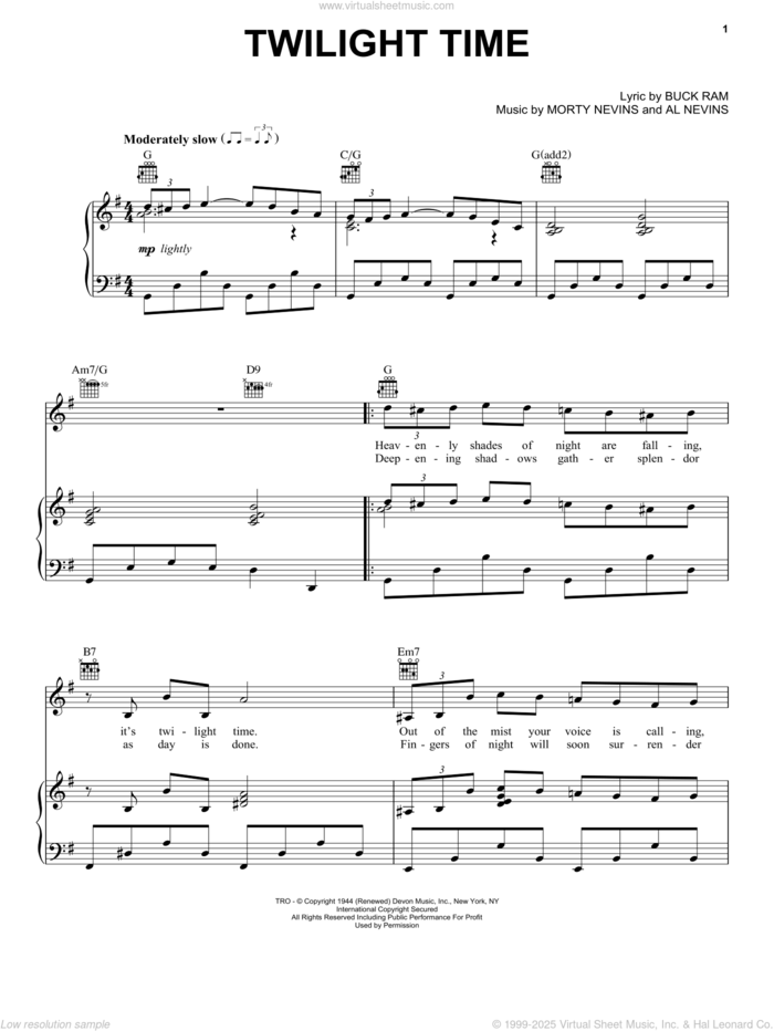 Twilight Time sheet music for voice, piano or guitar by The Platters, Al Nevins, Buck Ram and Morty Nevins, intermediate skill level