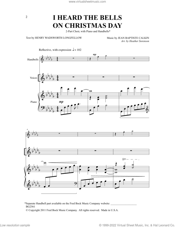 I Heard The Bells On Christmas Day sheet music for choir (2-Part) by Heather Sorenson, Jean Baptiste Calkin and Henry Wadsworth Longfellow, intermediate duet