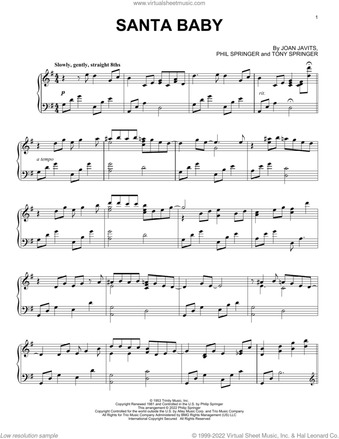 Santa Baby sheet music for piano solo by Eartha Kitt, Joan Javits, Phil Springer and Tony Springer, intermediate skill level
