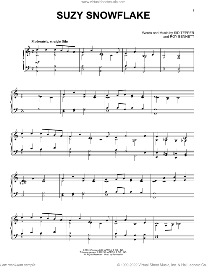 Suzy Snowflake, (intermediate) sheet music for piano solo by Rosemary Clooney, Roy Bennett and Sid Tepper, intermediate skill level
