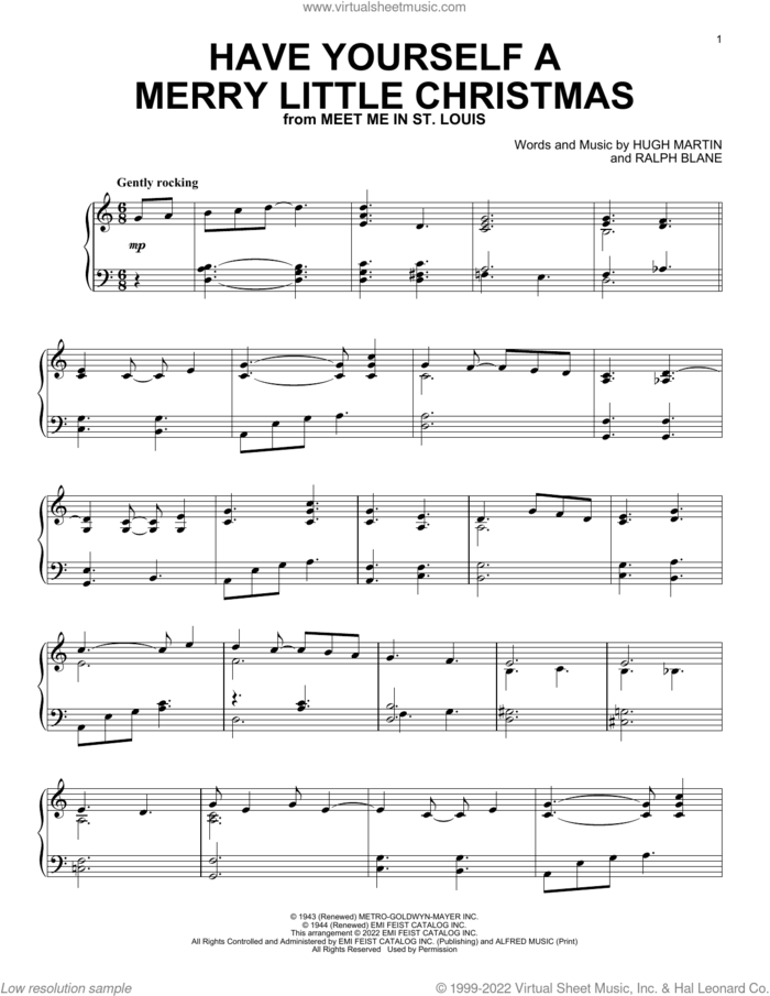 Have Yourself A Merry Little Christmas, (intermediate) sheet music for piano solo by Frank Sinatra, Hugh Martin and Ralph Blane, intermediate skill level