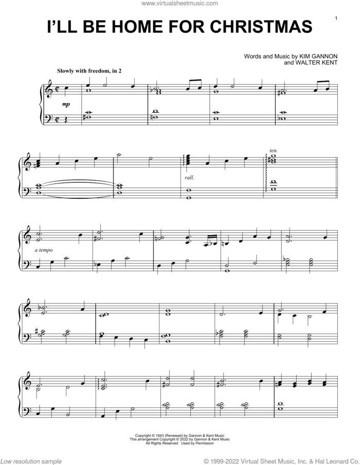 I'll Be Home For Christmas sheet music for piano solo by Bing Crosby, Kim Gannon and Walter Kent, intermediate skill level