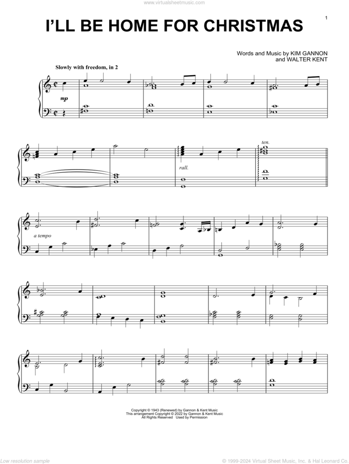 I'll Be Home For Christmas sheet music for piano solo by Bing Crosby, Kim Gannon and Walter Kent, intermediate skill level