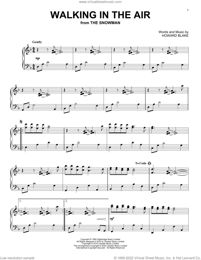 Walking In The Air (theme from The Snowman) sheet music for piano solo by Howard Blake, intermediate skill level