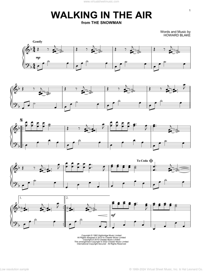 Walking In The Air (theme from The Snowman) sheet music for piano solo by Howard Blake, intermediate skill level