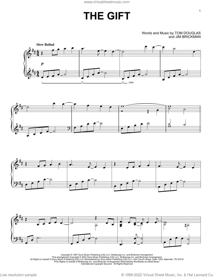 The Gift sheet music for piano solo by Jim Brickman, Collin Raye and Tom Douglas, intermediate skill level