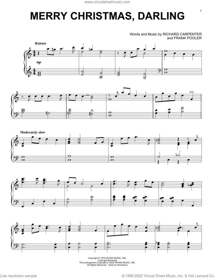 Merry Christmas, Darling, (intermediate) sheet music for piano solo by Richard Carpenter, Carpenters and Frank Pooler, intermediate skill level