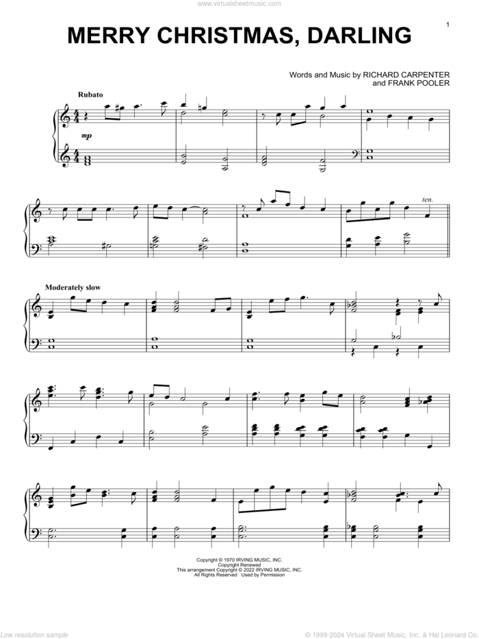 Merry Christmas, Darling, (intermediate) sheet music for piano solo by Richard Carpenter, Carpenters and Frank Pooler, intermediate skill level