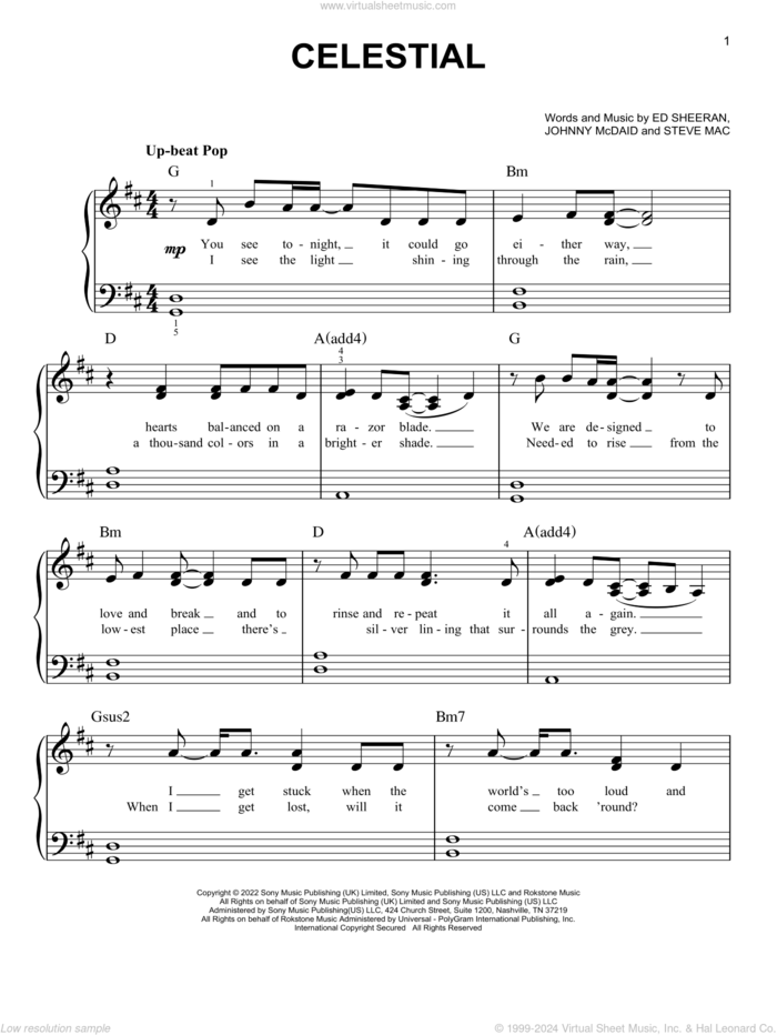 Celestial sheet music for piano solo by Ed Sheeran, Johnny McDaid and Steve Mac, easy skill level