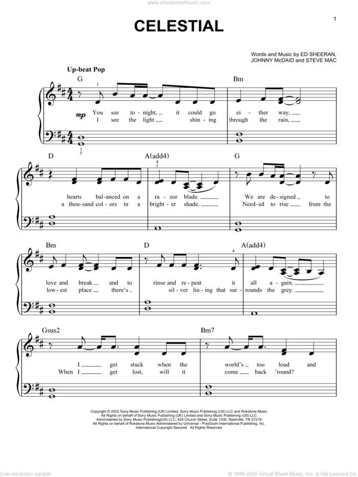 Celestial sheet music for piano solo by Ed Sheeran, Johnny McDaid and Steve Mac, easy skill level